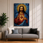 A stained glass style depiction of the Sacred Heart of Jesus shows Jesus with long hair and beard, wearing a red robe and blue cloak. His heart is radiant with light, crowned with a cross and surrounded by thorns. The background features geometric blue and gold stained glass tiles forming a halo.