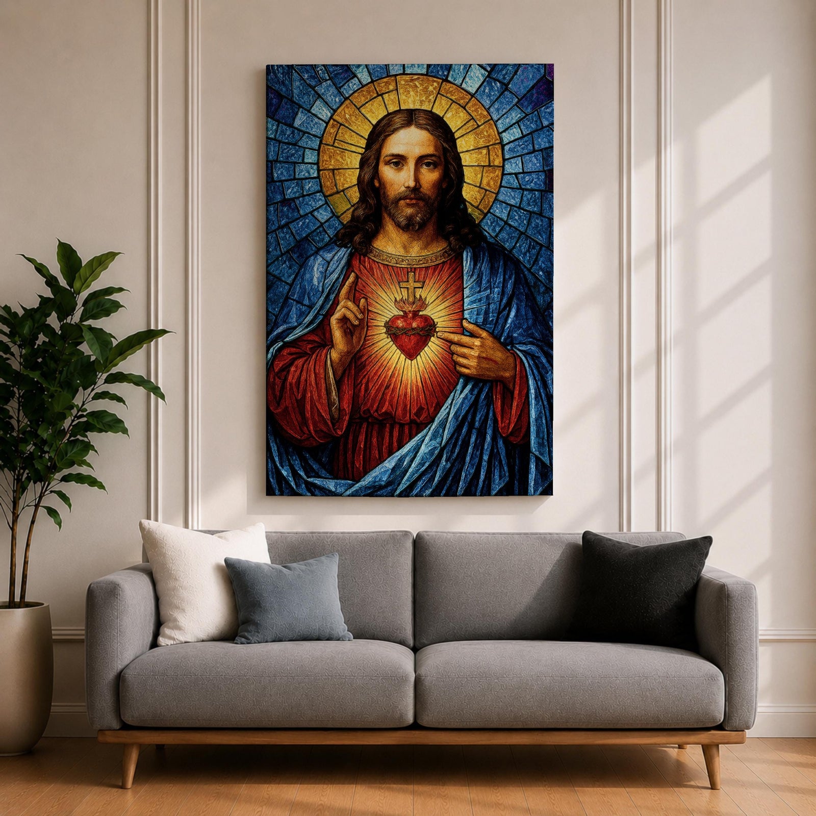A stained glass style depiction of the Sacred Heart of Jesus shows Jesus with long hair and beard, wearing a red robe and blue cloak. His heart is radiant with light, crowned with a cross and surrounded by thorns. The background features geometric blue and gold stained glass tiles forming a halo.