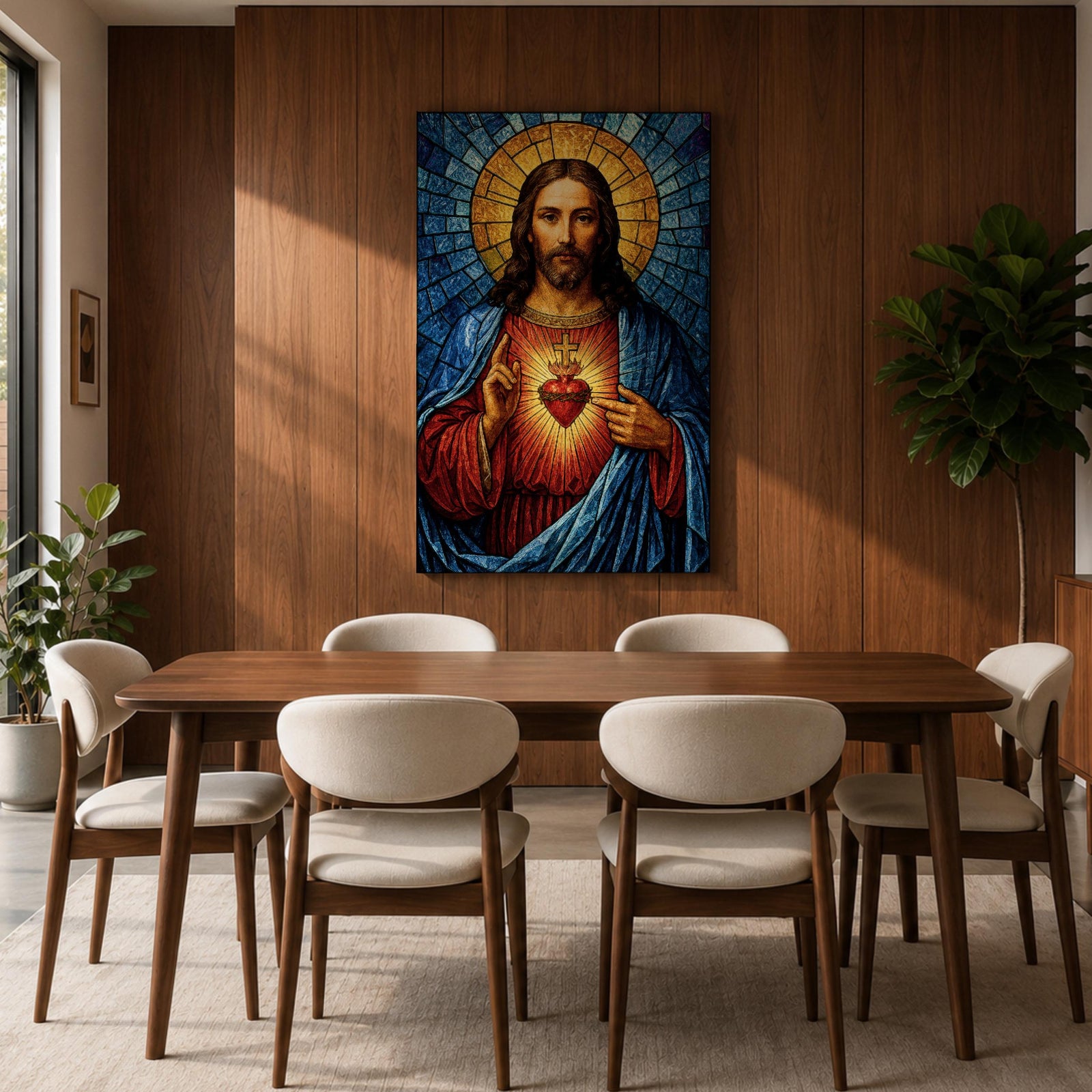 A stained glass style depiction of the Sacred Heart of Jesus shows Jesus with long hair and beard, wearing a red robe and blue cloak. His heart is radiant with light, crowned with a cross and surrounded by thorns. The background features geometric blue and gold stained glass tiles forming a halo.