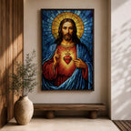 A stained glass style depiction of the Sacred Heart of Jesus shows Jesus with long hair and beard, wearing a red robe and blue cloak. His heart is radiant with light, crowned with a cross and surrounded by thorns. The background features geometric blue and gold stained glass tiles forming a halo.