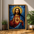 A stained glass style depiction of the Sacred Heart of Jesus shows Jesus with long hair and beard, wearing a red robe and blue cloak. His heart is radiant with light, crowned with a cross and surrounded by thorns. The background features geometric blue and gold stained glass tiles forming a halo.