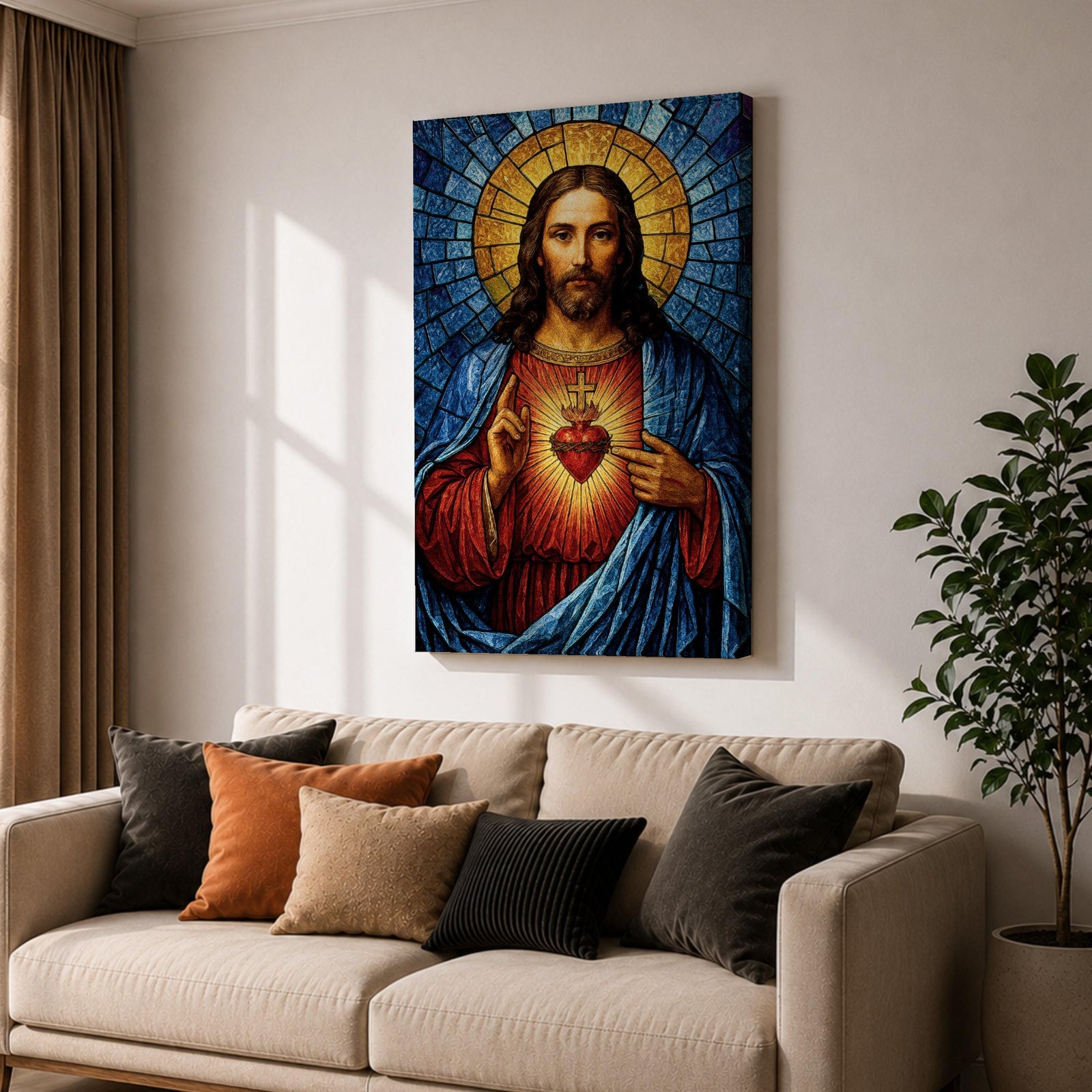A stained glass style depiction of the Sacred Heart of Jesus shows Jesus with long hair and beard, wearing a red robe and blue cloak. His heart is radiant with light, crowned with a cross and surrounded by thorns. The background features geometric blue and gold stained glass tiles forming a halo.