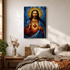 A stained glass style depiction of the Sacred Heart of Jesus shows Jesus with long hair and beard, wearing a red robe and blue cloak. His heart is radiant with light, crowned with a cross and surrounded by thorns. The background features geometric blue and gold stained glass tiles forming a halo.