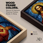 A stained glass style depiction of the Sacred Heart of Jesus shows Jesus with long hair and beard, wearing a red robe and blue cloak. His heart is radiant with light, crowned with a cross and surrounded by thorns. The background features geometric blue and gold stained glass tiles forming a halo.