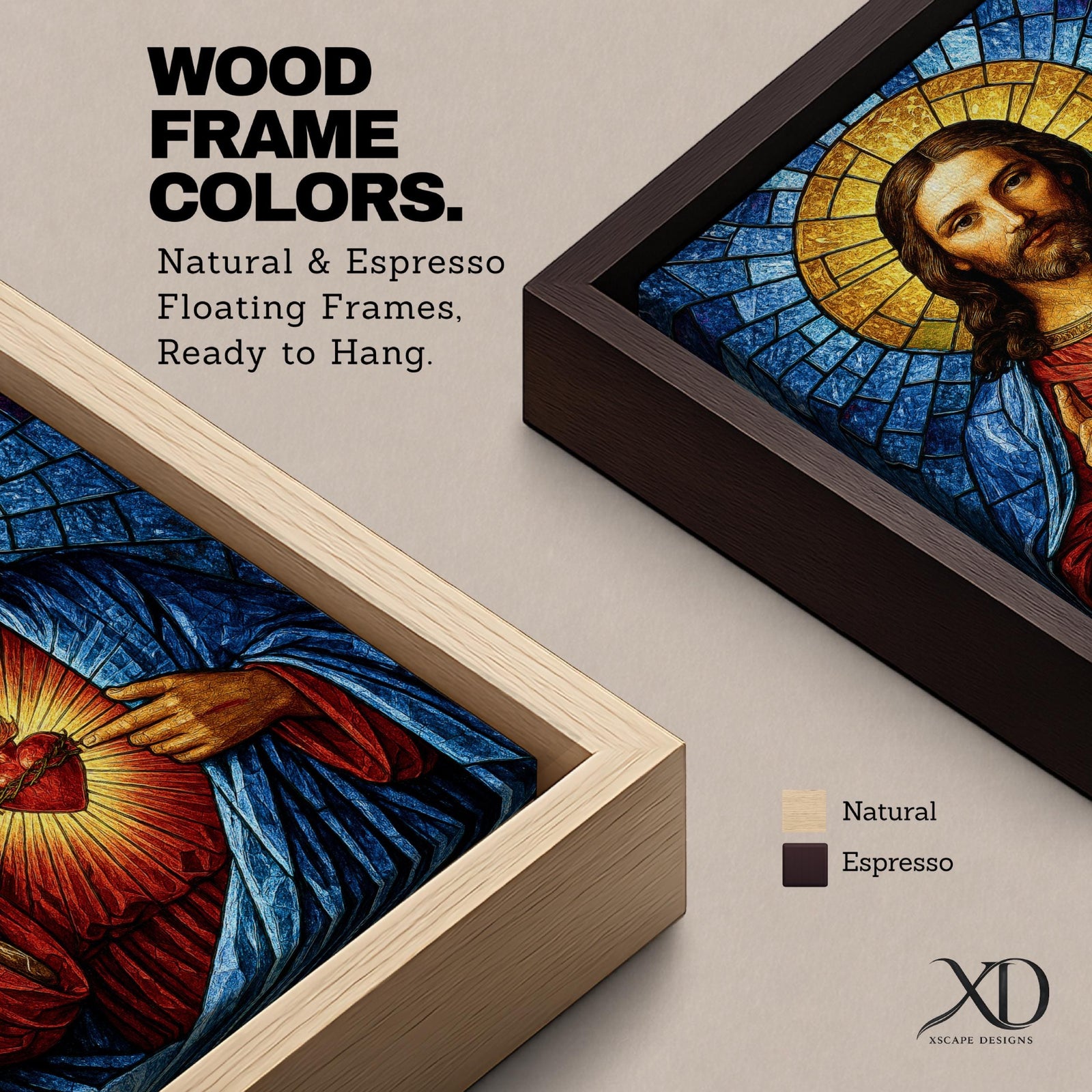 A stained glass style depiction of the Sacred Heart of Jesus shows Jesus with long hair and beard, wearing a red robe and blue cloak. His heart is radiant with light, crowned with a cross and surrounded by thorns. The background features geometric blue and gold stained glass tiles forming a halo.
