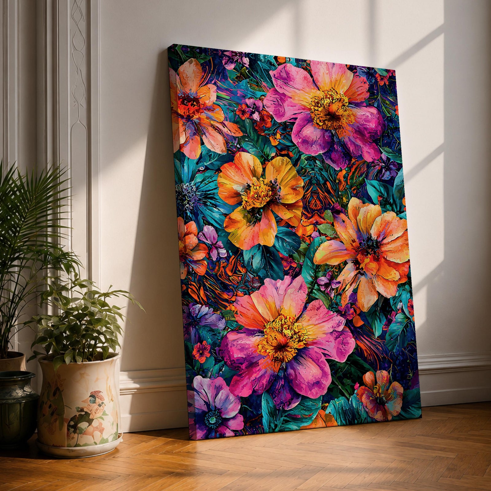 A vibrant abstract floral artwork featuring large, bold flowers in shades of pink, orange, and yellow with lush green leaves, rendered in a dynamic painterly style that emphasizes vivid color contrasts and energetic brushstrokes, creating a lively botanical composition.