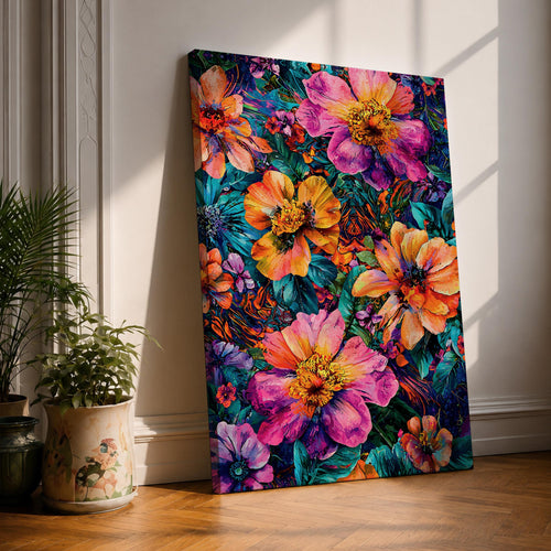 A vibrant abstract floral artwork featuring large, bold flowers in shades of pink, orange, and yellow with lush green leaves, rendered in a dynamic painterly style that emphasizes vivid color contrasts and energetic brushstrokes, creating a lively botanical composition.