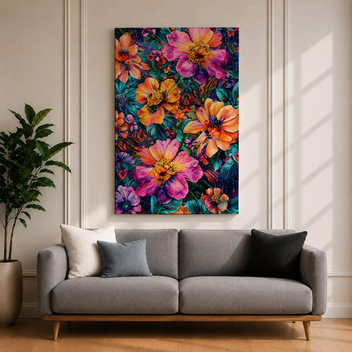 A vibrant abstract floral artwork featuring large, bold flowers in shades of pink, orange, and yellow with lush green leaves, rendered in a dynamic painterly style that emphasizes vivid color contrasts and energetic brushstrokes, creating a lively botanical composition.