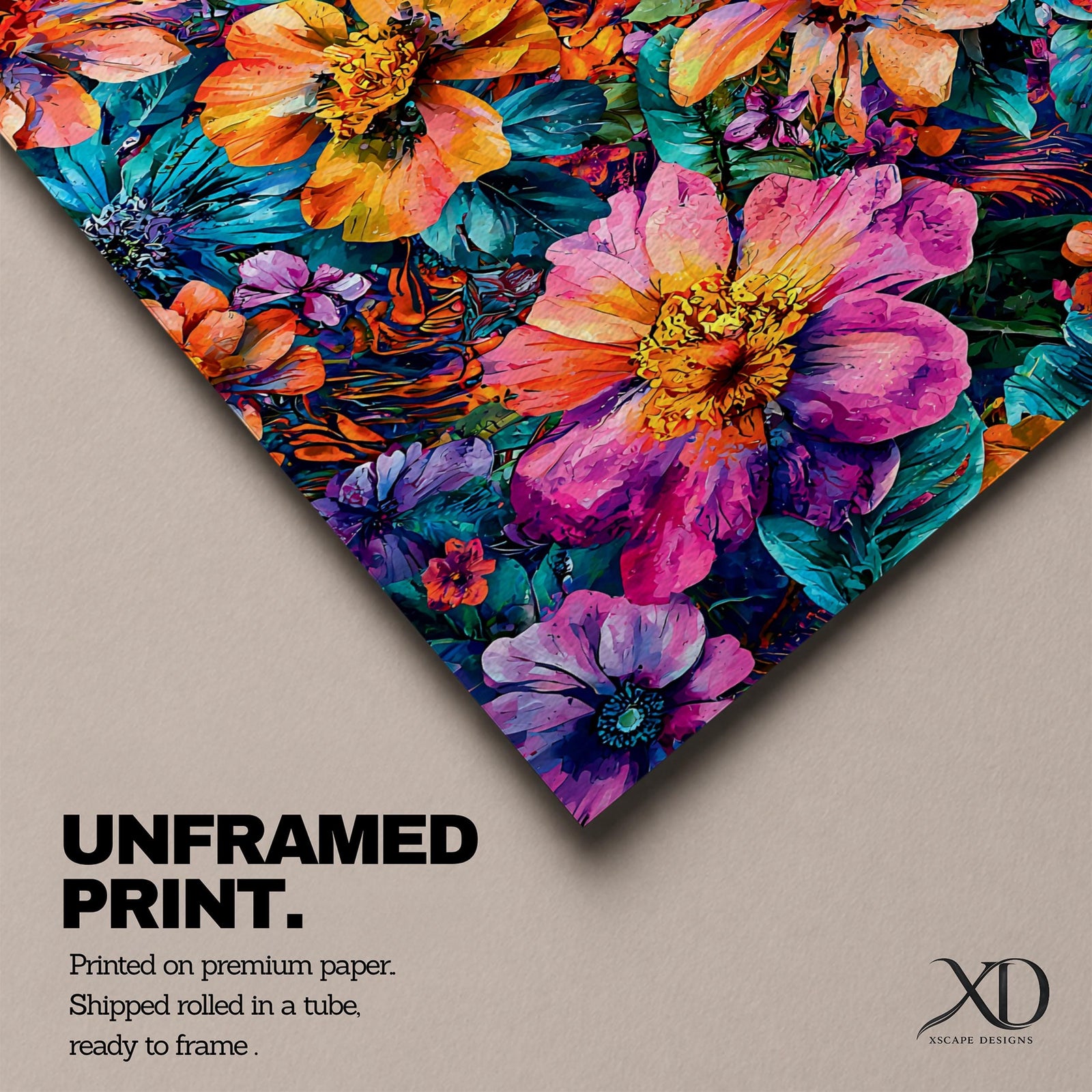 A vibrant abstract floral artwork featuring large, bold flowers in shades of pink, orange, and yellow with lush green leaves, rendered in a dynamic painterly style that emphasizes vivid color contrasts and energetic brushstrokes, creating a lively botanical composition.