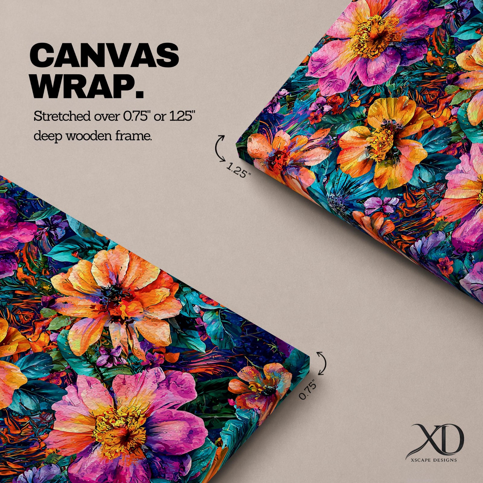 A vibrant abstract floral artwork featuring large, bold flowers in shades of pink, orange, and yellow with lush green leaves, rendered in a dynamic painterly style that emphasizes vivid color contrasts and energetic brushstrokes, creating a lively botanical composition.
