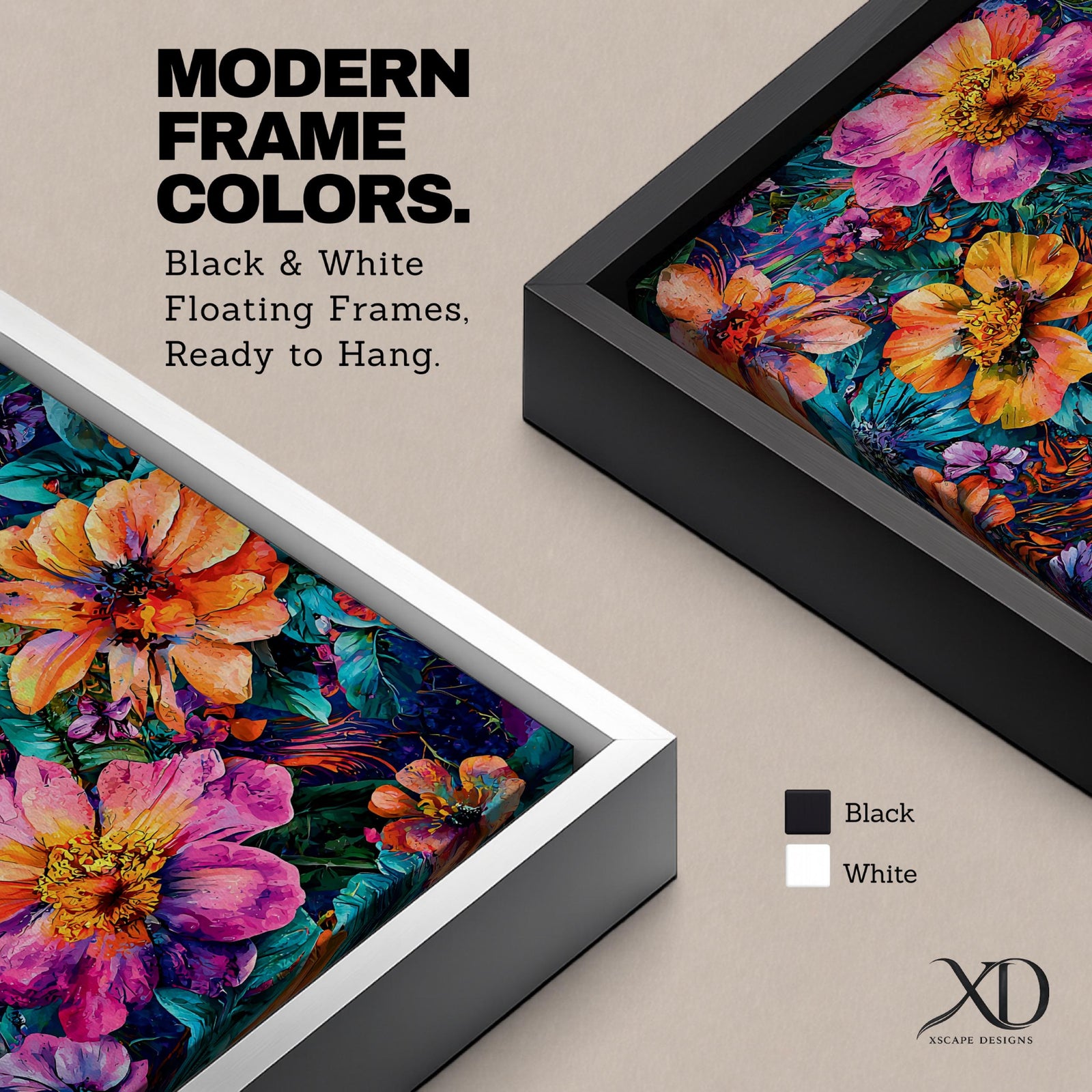 A vibrant abstract floral artwork featuring large, bold flowers in shades of pink, orange, and yellow with lush green leaves, rendered in a dynamic painterly style that emphasizes vivid color contrasts and energetic brushstrokes, creating a lively botanical composition.