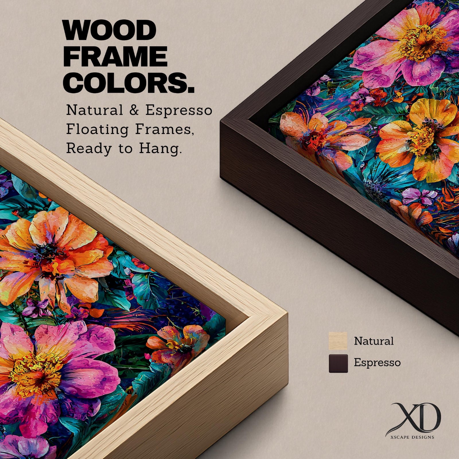 A vibrant abstract floral artwork featuring large, bold flowers in shades of pink, orange, and yellow with lush green leaves, rendered in a dynamic painterly style that emphasizes vivid color contrasts and energetic brushstrokes, creating a lively botanical composition.