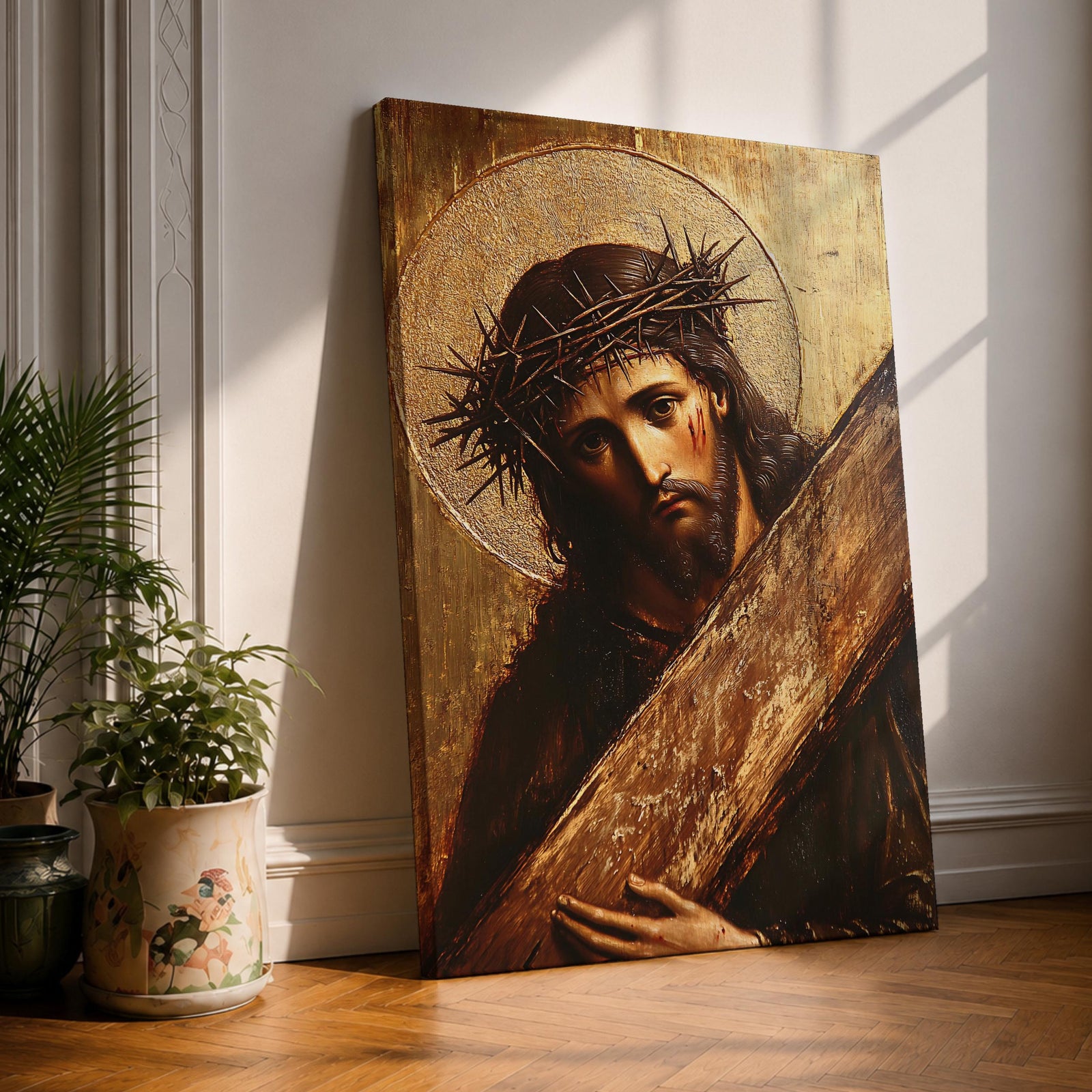 A vintage style framed canvas wall art depicting Jesus Christ wearing a crown of thorns carrying a wooden cross. The image shows detailed facial expression with a halo behind his head, rendered in a classic Christian icon style with textured brushwork and warm tones.