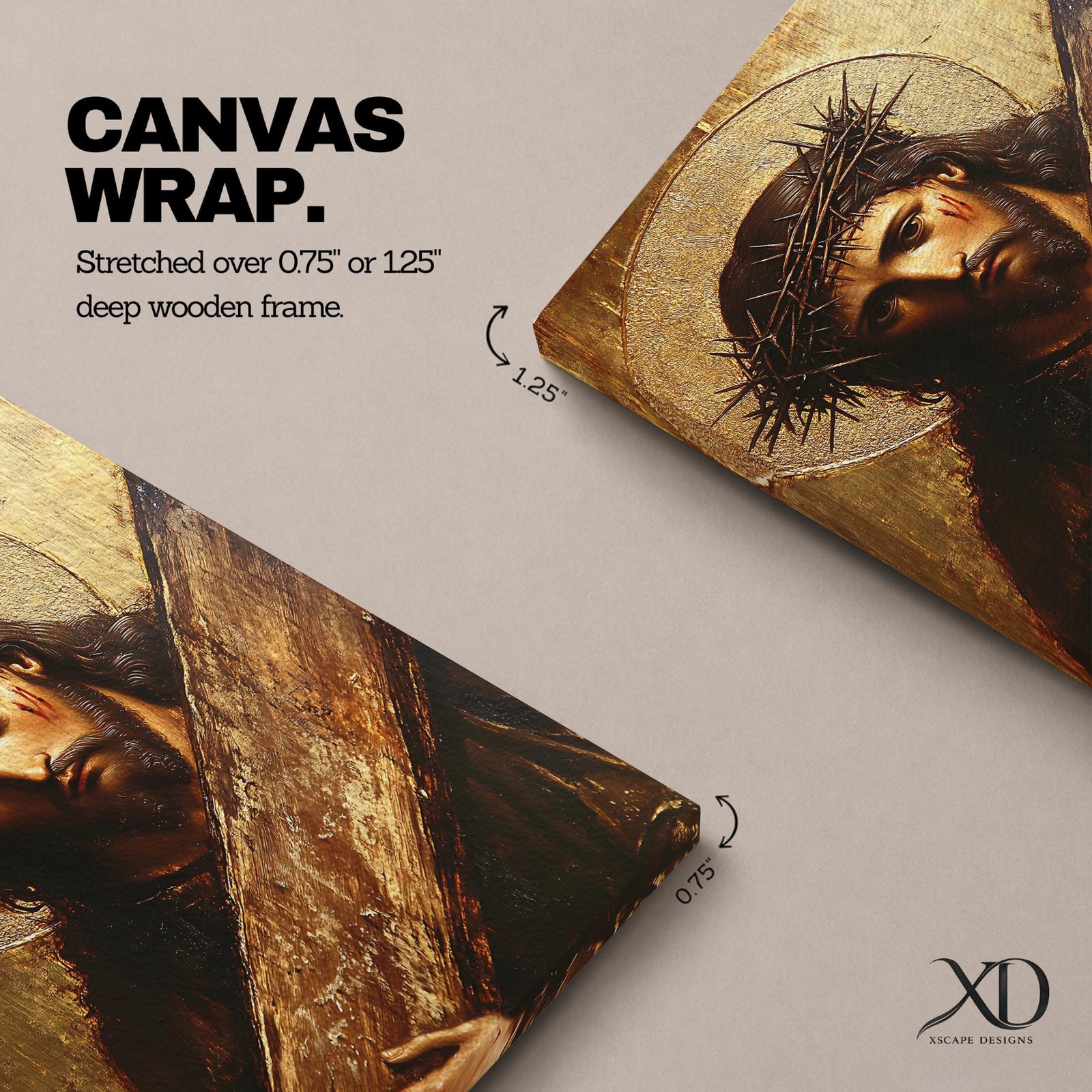 A vintage style framed canvas wall art depicting Jesus Christ wearing a crown of thorns carrying a wooden cross. The image shows detailed facial expression with a halo behind his head, rendered in a classic Christian icon style with textured brushwork and warm tones.