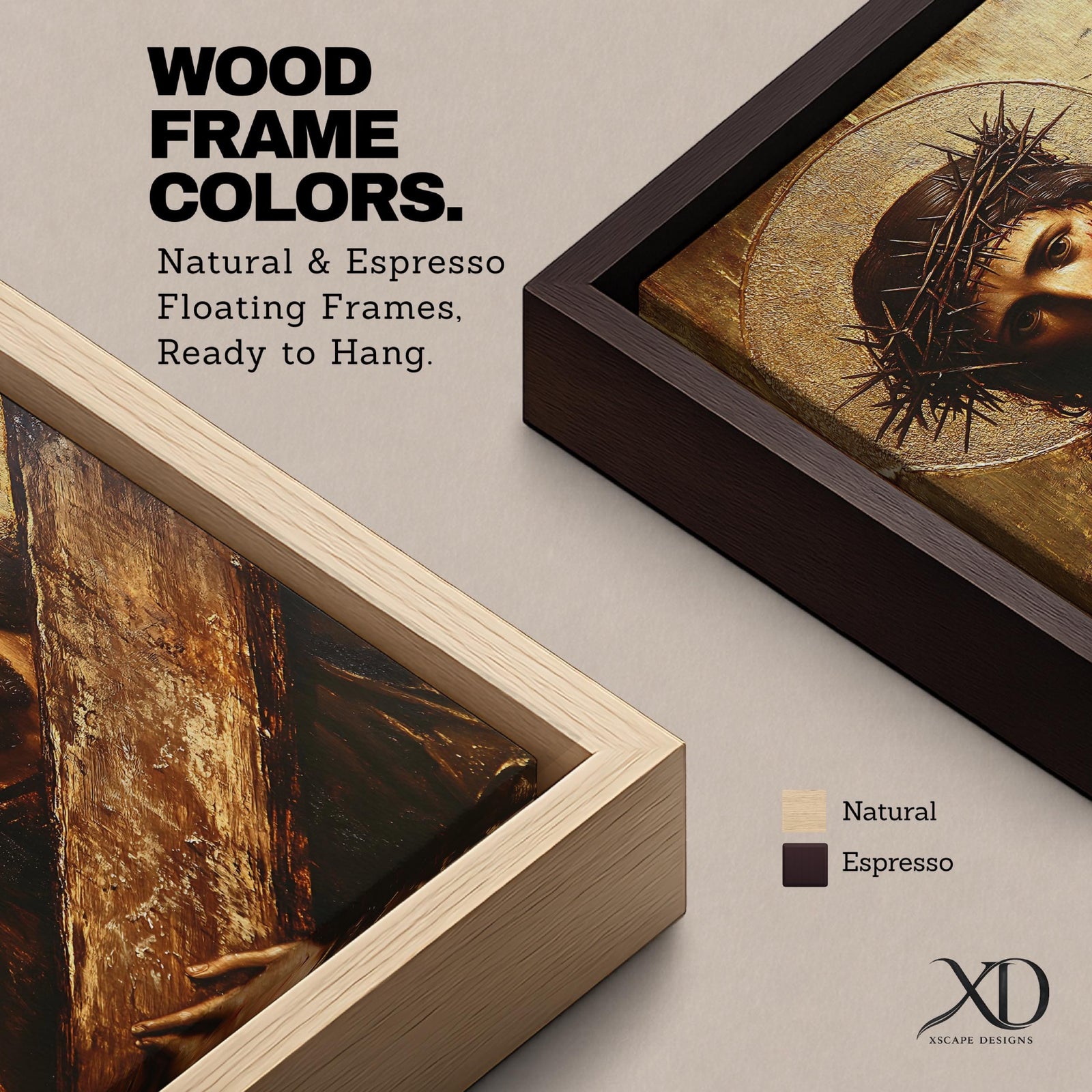 A vintage style framed canvas wall art depicting Jesus Christ wearing a crown of thorns carrying a wooden cross. The image shows detailed facial expression with a halo behind his head, rendered in a classic Christian icon style with textured brushwork and warm tones.