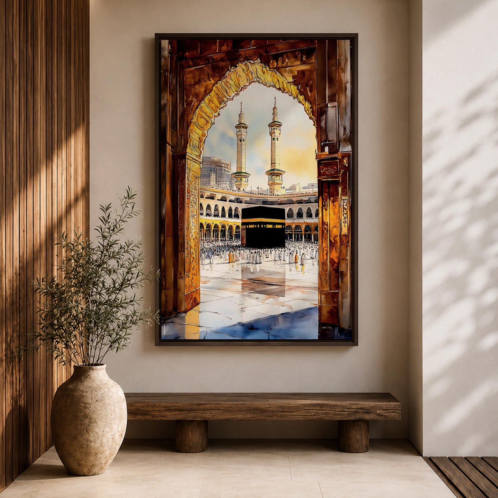 Watercolor-style painting of the Kaaba in Masjid al-Haram viewed through a golden mosque archway, with pilgrims gathered around the sacred black Kaaba in the courtyard of Mecca and two tall minarets rising above the holy mosque complex.