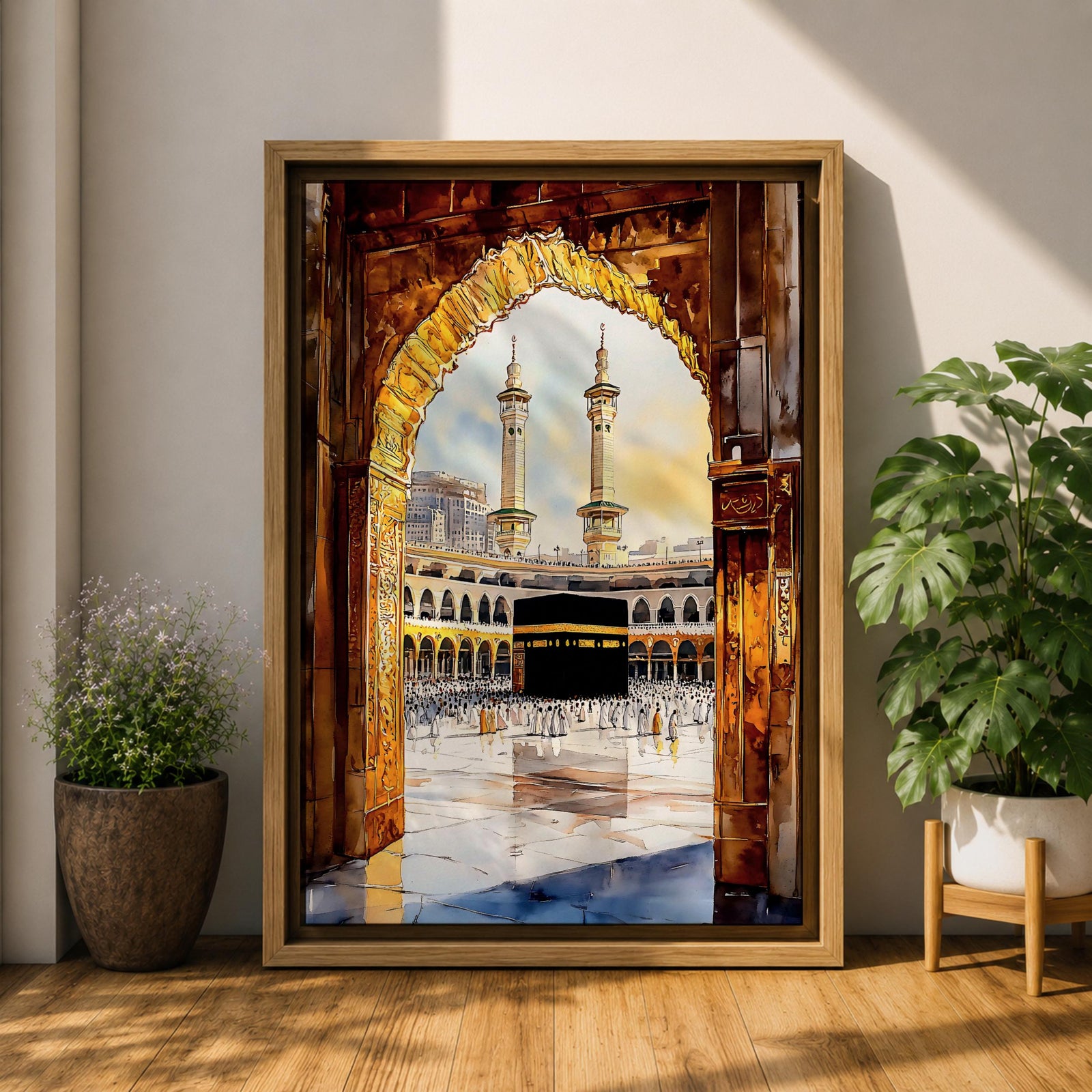 Watercolor-style painting of the Kaaba in Masjid al-Haram viewed through a golden mosque archway, with pilgrims gathered around the sacred black Kaaba in the courtyard of Mecca and two tall minarets rising above the holy mosque complex.