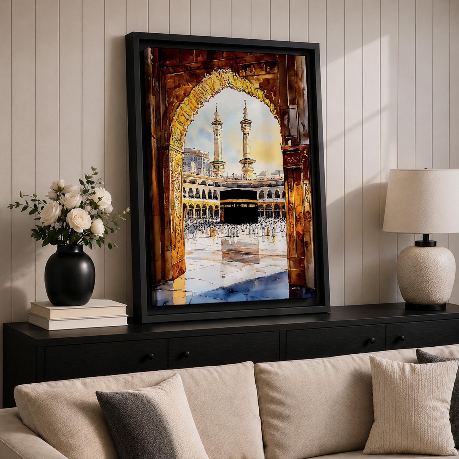 Watercolor-style painting of the Kaaba in Masjid al-Haram viewed through a golden mosque archway, with pilgrims gathered around the sacred black Kaaba in the courtyard of Mecca and two tall minarets rising above the holy mosque complex.