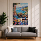 An impasto style painting depicting a Mediterranean patio scene with a blue chair, a small table holding a cup, vibrant flowers, and a view of the sea and distant hills under a partly cloudy sky, rendered with thick textured brushstrokes and vivid colors.