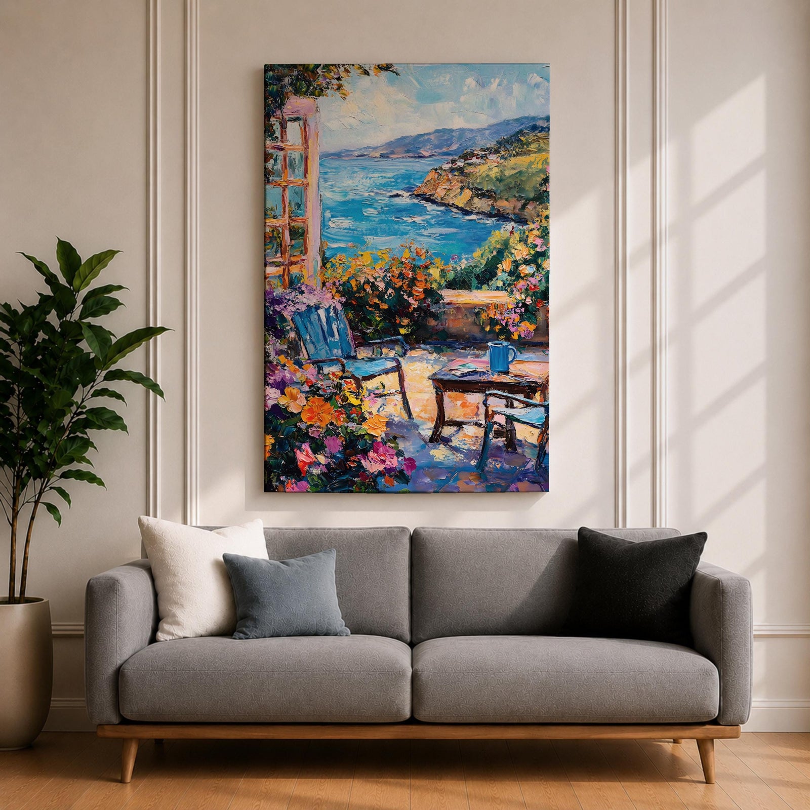An impasto style painting depicting a Mediterranean patio scene with a blue chair, a small table holding a cup, vibrant flowers, and a view of the sea and distant hills under a partly cloudy sky, rendered with thick textured brushstrokes and vivid colors.