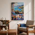 An impasto style painting depicting a Mediterranean patio scene with a blue chair, a small table holding a cup, vibrant flowers, and a view of the sea and distant hills under a partly cloudy sky, rendered with thick textured brushstrokes and vivid colors.
