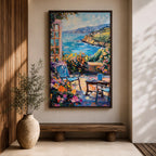 An impasto style painting depicting a Mediterranean patio scene with a blue chair, a small table holding a cup, vibrant flowers, and a view of the sea and distant hills under a partly cloudy sky, rendered with thick textured brushstrokes and vivid colors.