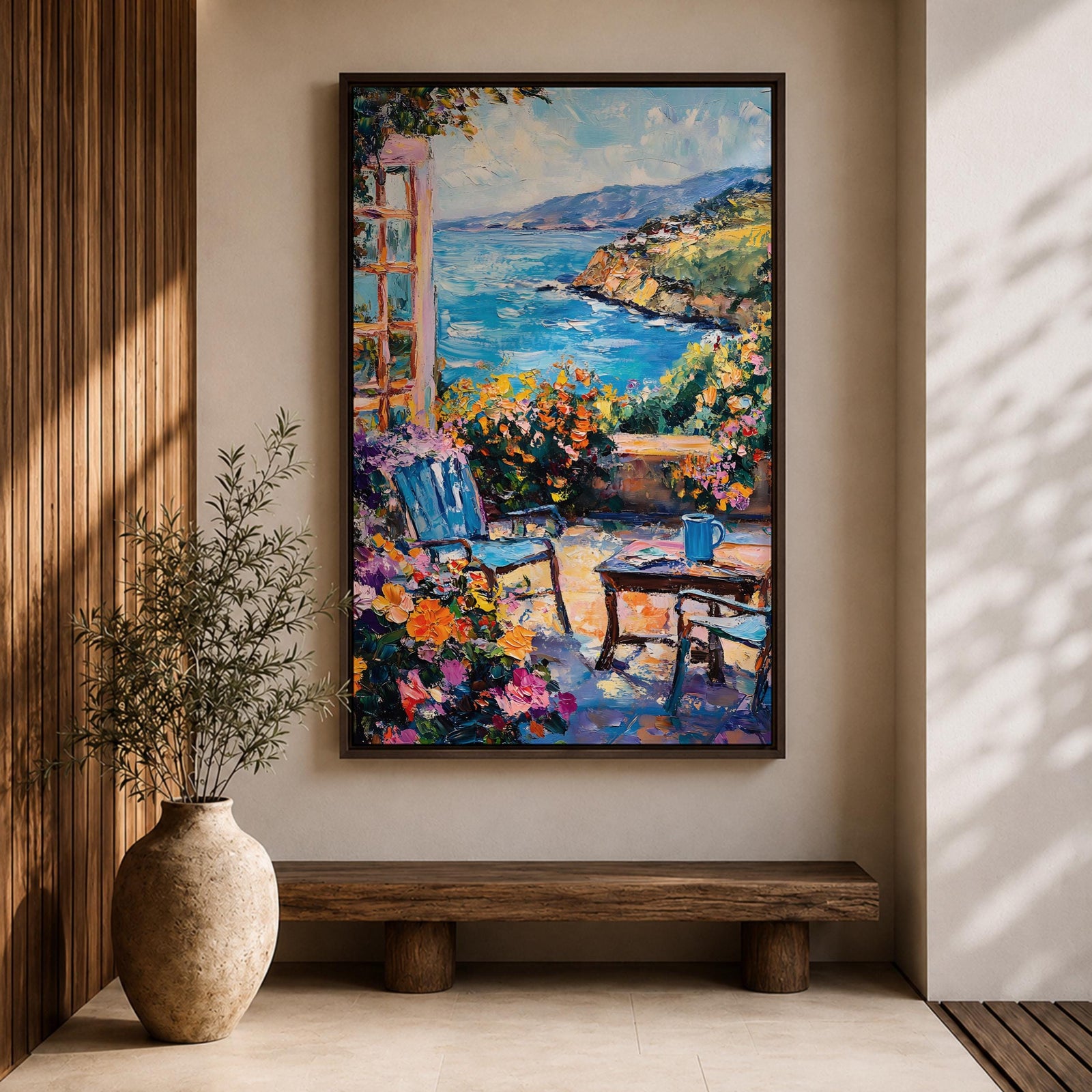 An impasto style painting depicting a Mediterranean patio scene with a blue chair, a small table holding a cup, vibrant flowers, and a view of the sea and distant hills under a partly cloudy sky, rendered with thick textured brushstrokes and vivid colors.