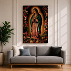 A detailed framed canvas print depicting Our Lady of Guadalupe, showing the Virgin of Guadalupe surrounded by a floral border with radiant light emanating behind her, rendered in a traditional Mexican religious art style with vivid colors and intricate floral patterns.