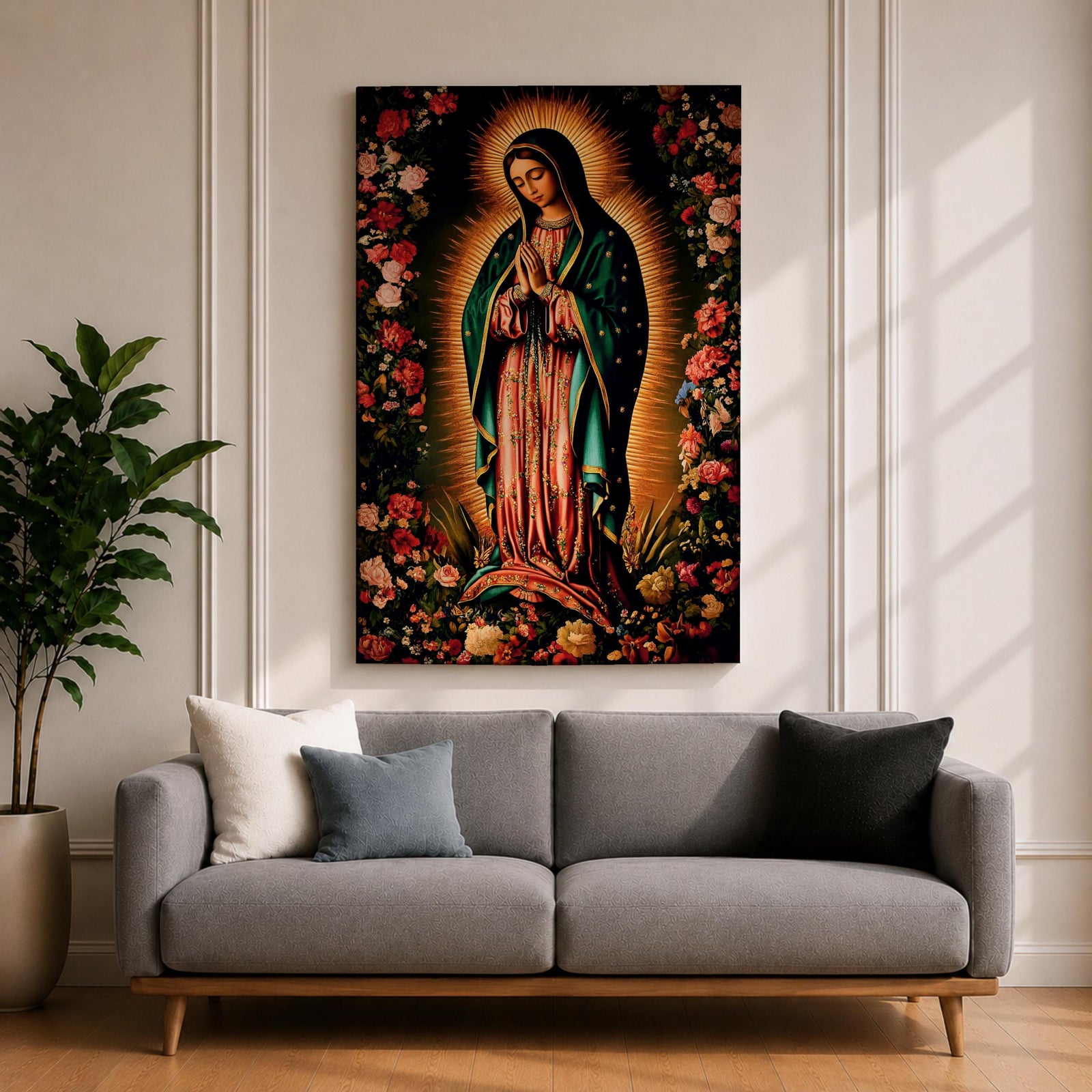 A detailed framed canvas print depicting Our Lady of Guadalupe, showing the Virgin of Guadalupe surrounded by a floral border with radiant light emanating behind her, rendered in a traditional Mexican religious art style with vivid colors and intricate floral patterns.