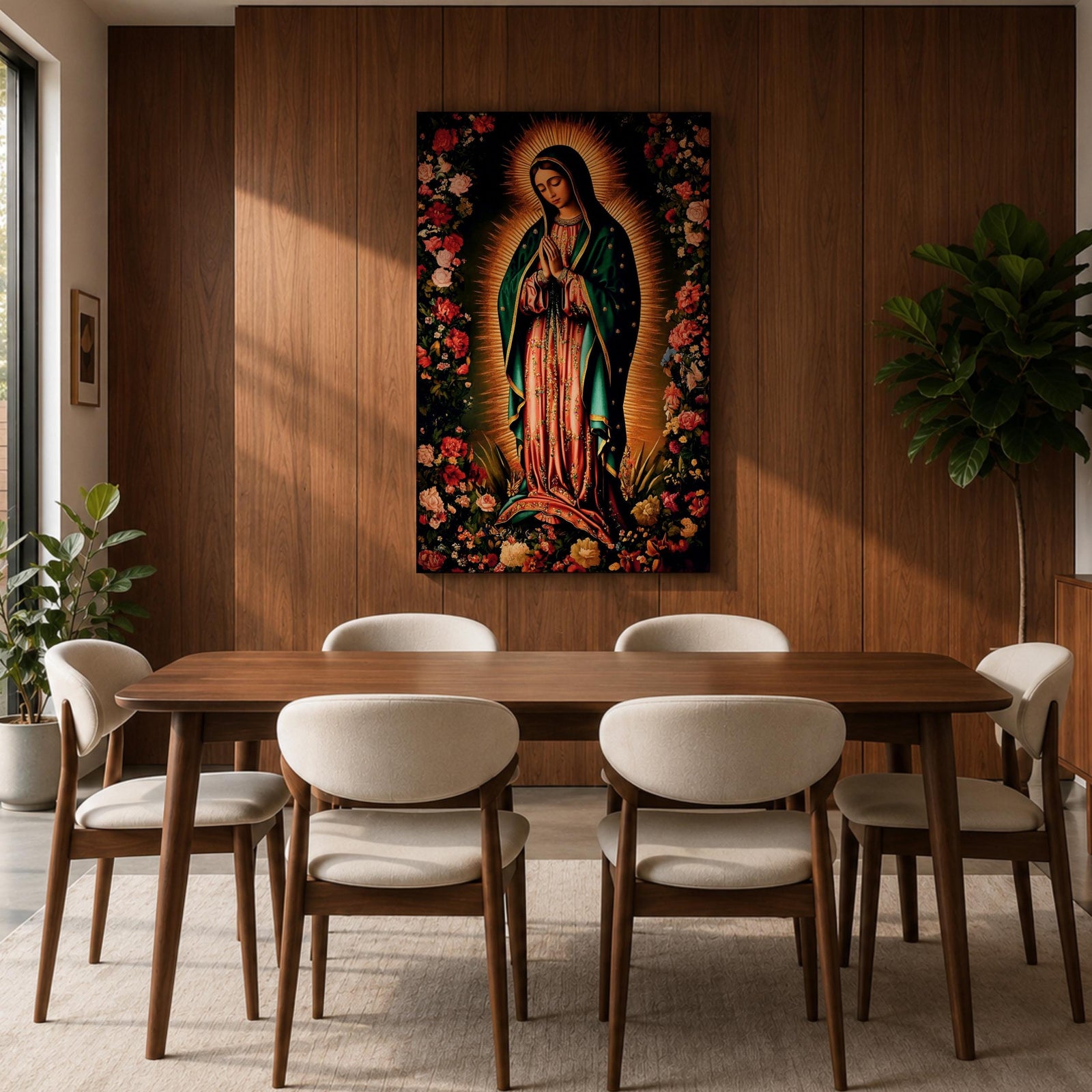 A detailed framed canvas print depicting Our Lady of Guadalupe, showing the Virgin of Guadalupe surrounded by a floral border with radiant light emanating behind her, rendered in a traditional Mexican religious art style with vivid colors and intricate floral patterns.