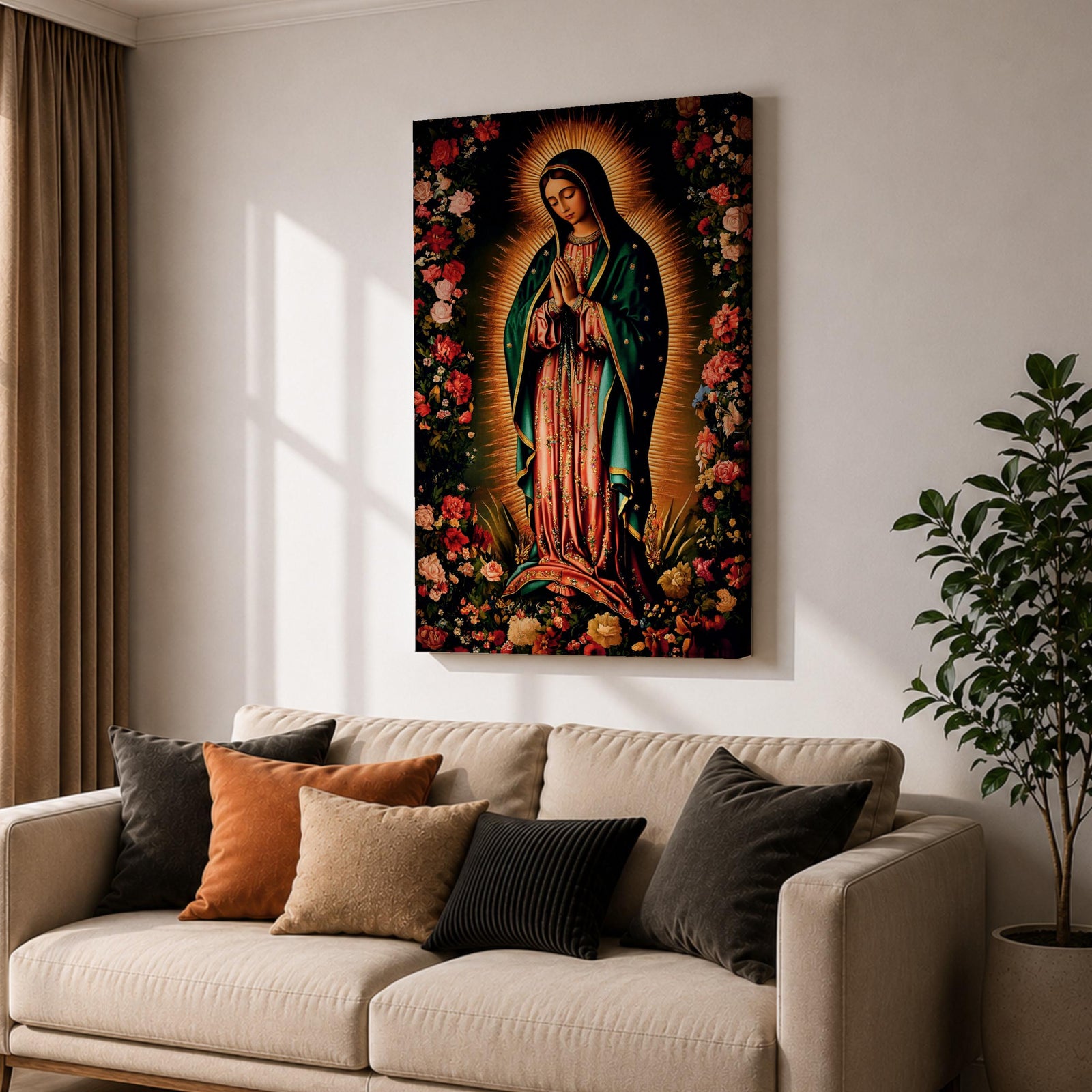 A detailed framed canvas print depicting Our Lady of Guadalupe, showing the Virgin of Guadalupe surrounded by a floral border with radiant light emanating behind her, rendered in a traditional Mexican religious art style with vivid colors and intricate floral patterns.