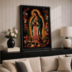 A detailed framed canvas print depicting Our Lady of Guadalupe, showing the Virgin of Guadalupe surrounded by a floral border with radiant light emanating behind her, rendered in a traditional Mexican religious art style with vivid colors and intricate floral patterns.