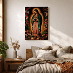 A detailed framed canvas print depicting Our Lady of Guadalupe, showing the Virgin of Guadalupe surrounded by a floral border with radiant light emanating behind her, rendered in a traditional Mexican religious art style with vivid colors and intricate floral patterns.