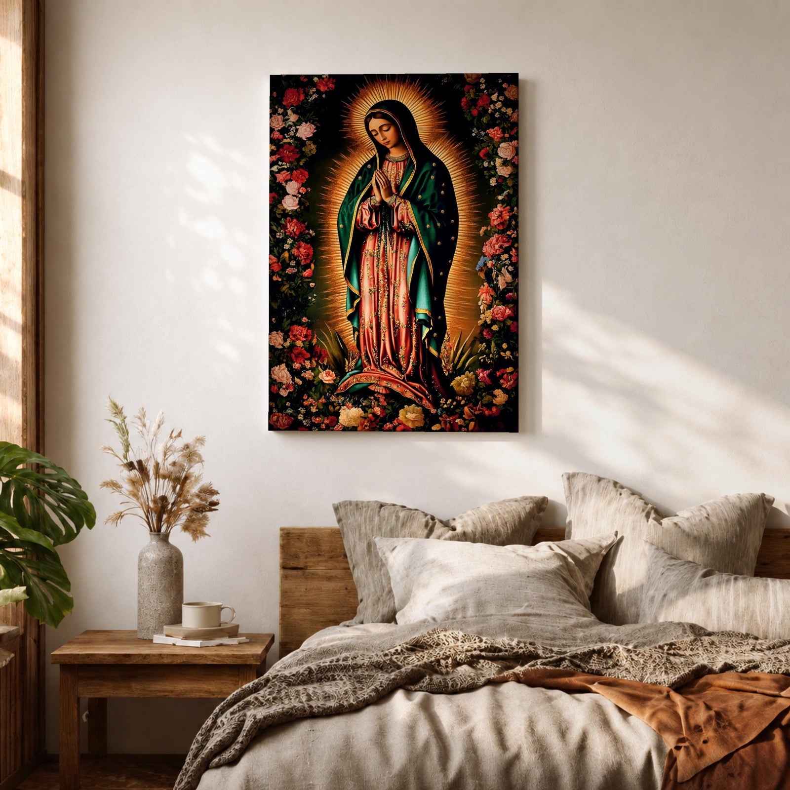 A detailed framed canvas print depicting Our Lady of Guadalupe, showing the Virgin of Guadalupe surrounded by a floral border with radiant light emanating behind her, rendered in a traditional Mexican religious art style with vivid colors and intricate floral patterns.