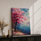This impasto style painting depicts a cherry blossom tree with vibrant pink flowers beside a calm blue lake under a bright sky. The textured brushstrokes create a vivid floral landscape scene emphasizing the Japanese sakura tree in a natural setting.