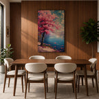 This impasto style painting depicts a cherry blossom tree with vibrant pink flowers beside a calm blue lake under a bright sky. The textured brushstrokes create a vivid floral landscape scene emphasizing the Japanese sakura tree in a natural setting.