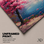 This impasto style painting depicts a cherry blossom tree with vibrant pink flowers beside a calm blue lake under a bright sky. The textured brushstrokes create a vivid floral landscape scene emphasizing the Japanese sakura tree in a natural setting.