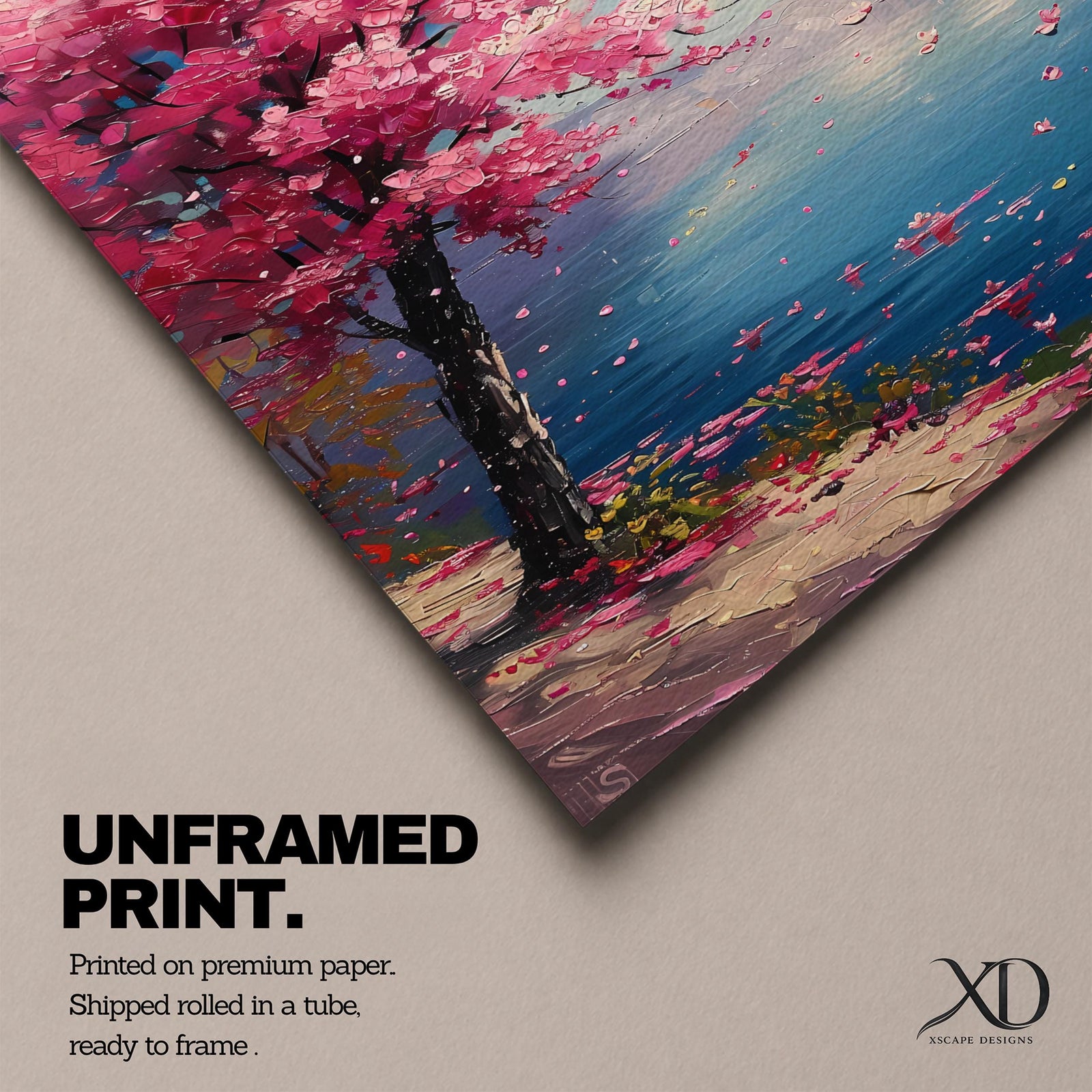 This impasto style painting depicts a cherry blossom tree with vibrant pink flowers beside a calm blue lake under a bright sky. The textured brushstrokes create a vivid floral landscape scene emphasizing the Japanese sakura tree in a natural setting.