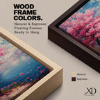 This impasto style painting depicts a cherry blossom tree with vibrant pink flowers beside a calm blue lake under a bright sky. The textured brushstrokes create a vivid floral landscape scene emphasizing the Japanese sakura tree in a natural setting.