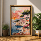 An impasto style painting depicting a Mediterranean village perched on rocky cliffs by the sea. The textured brushstrokes illustrate terracotta-roofed houses, a tall tree, and small boats floating on blue waters under a warm sunset sky, capturing a vibrant coastal landscape scene.