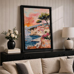 An impasto style painting depicting a Mediterranean village perched on rocky cliffs by the sea. The textured brushstrokes illustrate terracotta-roofed houses, a tall tree, and small boats floating on blue waters under a warm sunset sky, capturing a vibrant coastal landscape scene.