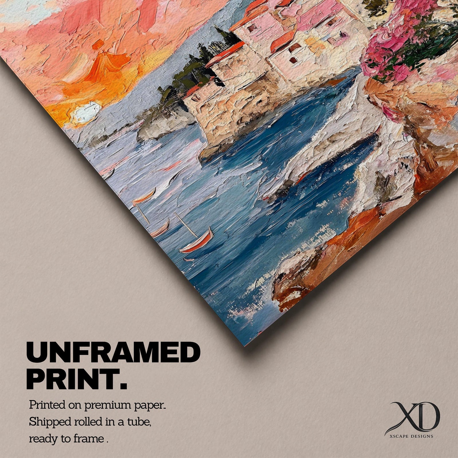 An impasto style painting depicting a Mediterranean village perched on rocky cliffs by the sea. The textured brushstrokes illustrate terracotta-roofed houses, a tall tree, and small boats floating on blue waters under a warm sunset sky, capturing a vibrant coastal landscape scene.