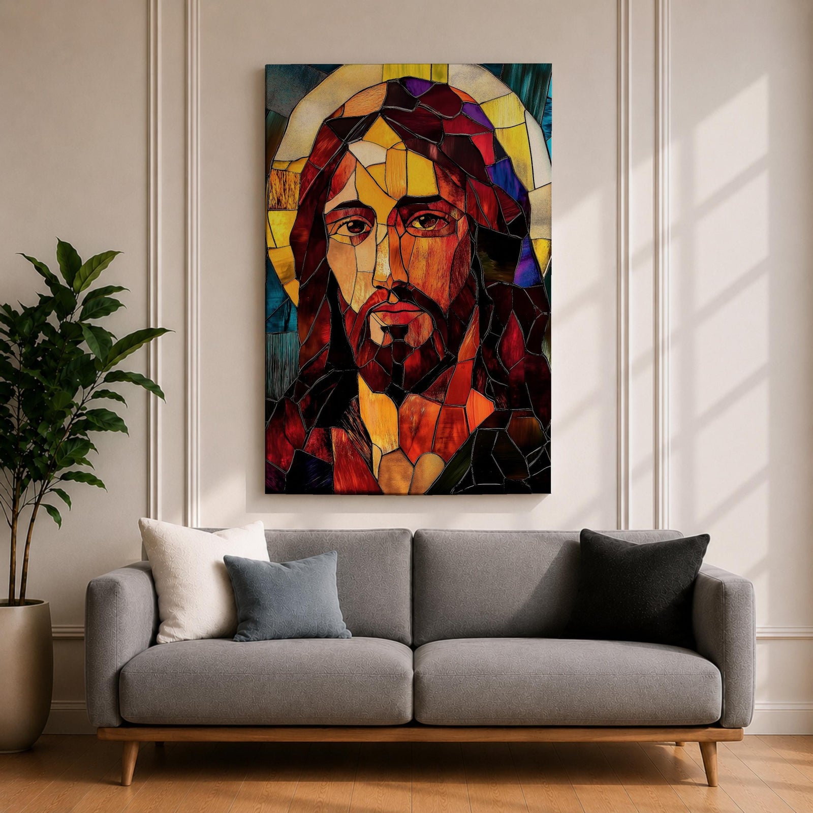 A stained glass mosaic portrait of Jesus Christ featuring vibrant glass fragments in warm tones with a halo behind his head. The artwork uses geometric shapes and rich colors typical of stained glass style, capturing a solemn and iconic religious figure in a mosaic-like composition.