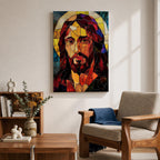 A stained glass mosaic portrait of Jesus Christ featuring vibrant glass fragments in warm tones with a halo behind his head. The artwork uses geometric shapes and rich colors typical of stained glass style, capturing a solemn and iconic religious figure in a mosaic-like composition.