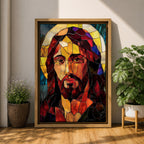 A stained glass mosaic portrait of Jesus Christ featuring vibrant glass fragments in warm tones with a halo behind his head. The artwork uses geometric shapes and rich colors typical of stained glass style, capturing a solemn and iconic religious figure in a mosaic-like composition.