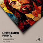 A stained glass mosaic portrait of Jesus Christ featuring vibrant glass fragments in warm tones with a halo behind his head. The artwork uses geometric shapes and rich colors typical of stained glass style, capturing a solemn and iconic religious figure in a mosaic-like composition.
