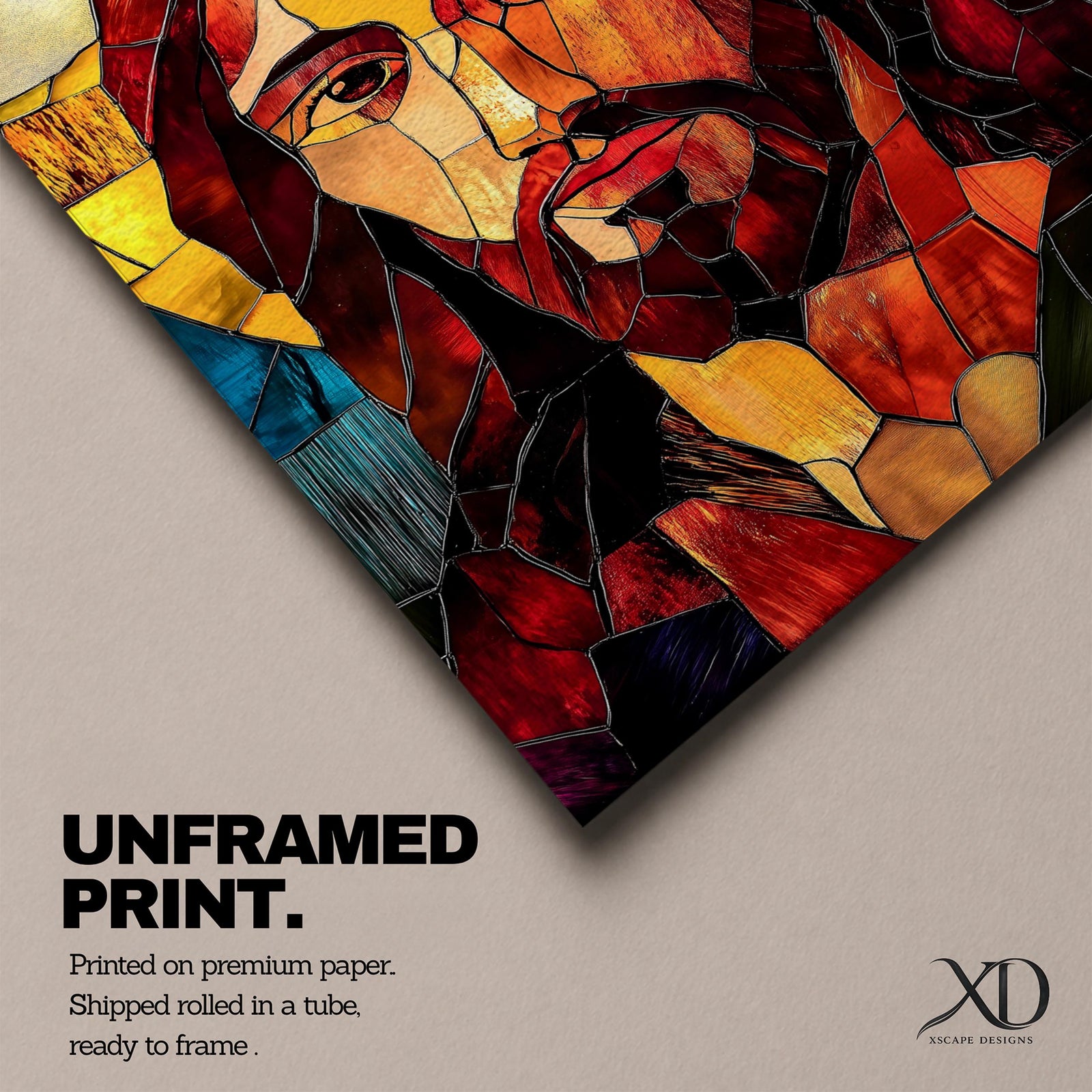 A stained glass mosaic portrait of Jesus Christ featuring vibrant glass fragments in warm tones with a halo behind his head. The artwork uses geometric shapes and rich colors typical of stained glass style, capturing a solemn and iconic religious figure in a mosaic-like composition.