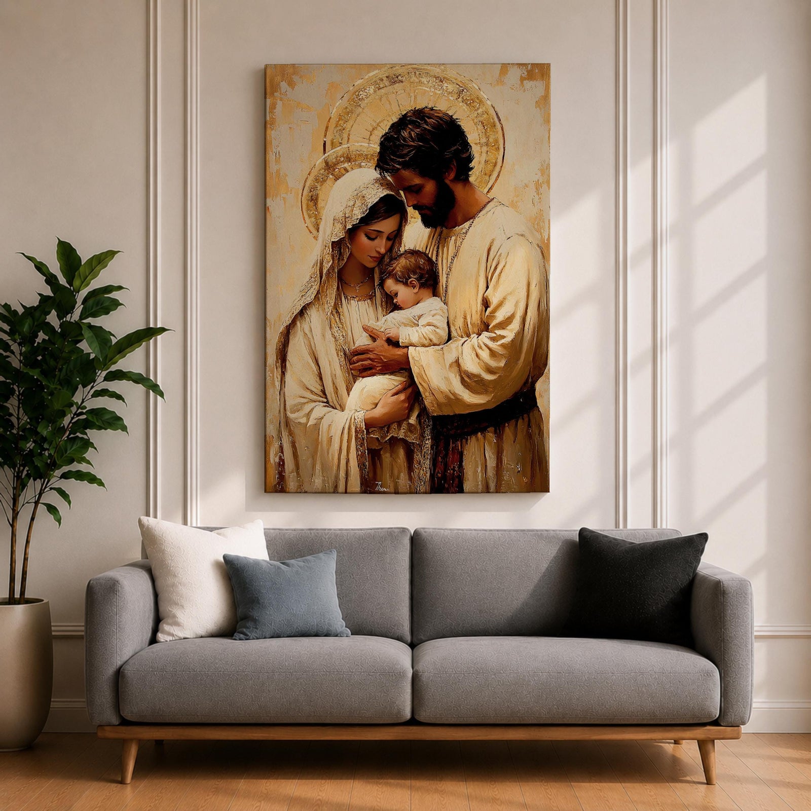 Painting of the Holy Family showing Mary, Joseph, and the infant Jesus gathered closely together with soft halos behind their heads, rendered in a warm Renaissance inspired style with earthy tones, gentle lighting, flowing garments, and tender expressions as the parents cradle the child in a calm devotional composition emphasizing intimacy, faith, and familial connection.