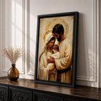 Painting of the Holy Family showing Mary, Joseph, and the infant Jesus gathered closely together with soft halos behind their heads, rendered in a warm Renaissance inspired style with earthy tones, gentle lighting, flowing garments, and tender expressions as the parents cradle the child in a calm devotional composition emphasizing intimacy, faith, and familial connection.