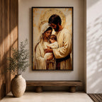 Painting of the Holy Family showing Mary, Joseph, and the infant Jesus gathered closely together with soft halos behind their heads, rendered in a warm Renaissance inspired style with earthy tones, gentle lighting, flowing garments, and tender expressions as the parents cradle the child in a calm devotional composition emphasizing intimacy, faith, and familial connection.